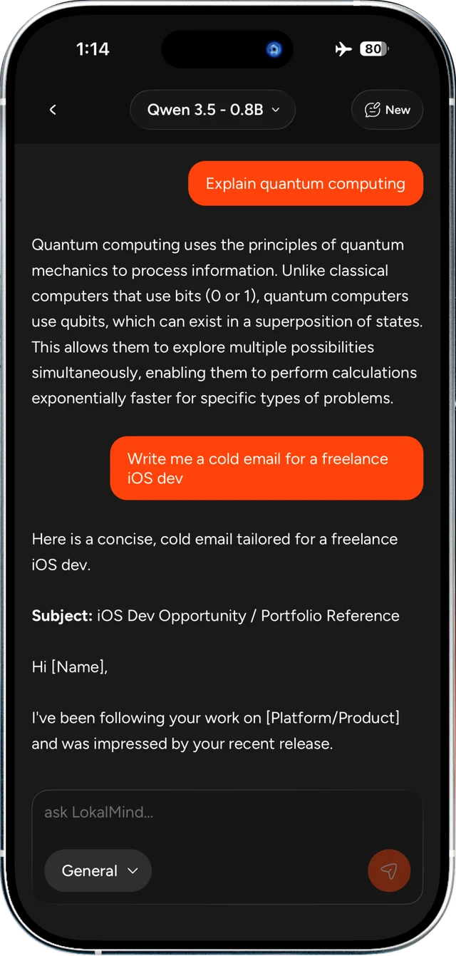 LokalMind chat screen on iPhone running Qwen 3.5 0.8B in airplane mode